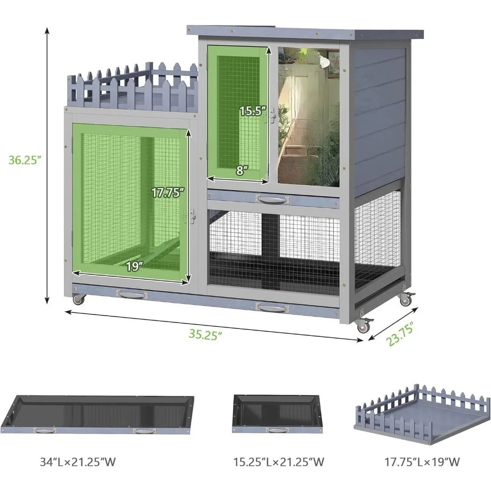 Wood Rabbit Hutch With Balcony On Wheels For Indoor Outdoor Use