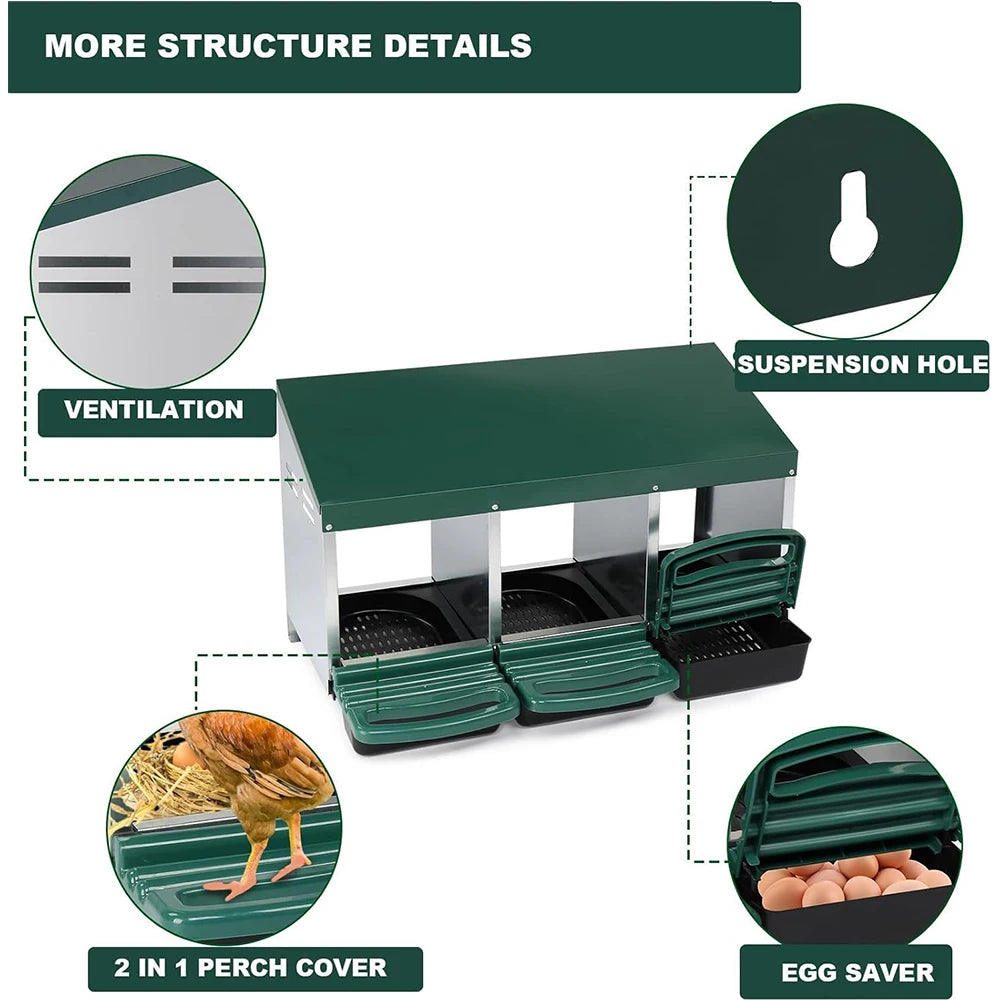 HiMISS 3 Compartment Metal Roll Out Nesting Box For Chicken Coop