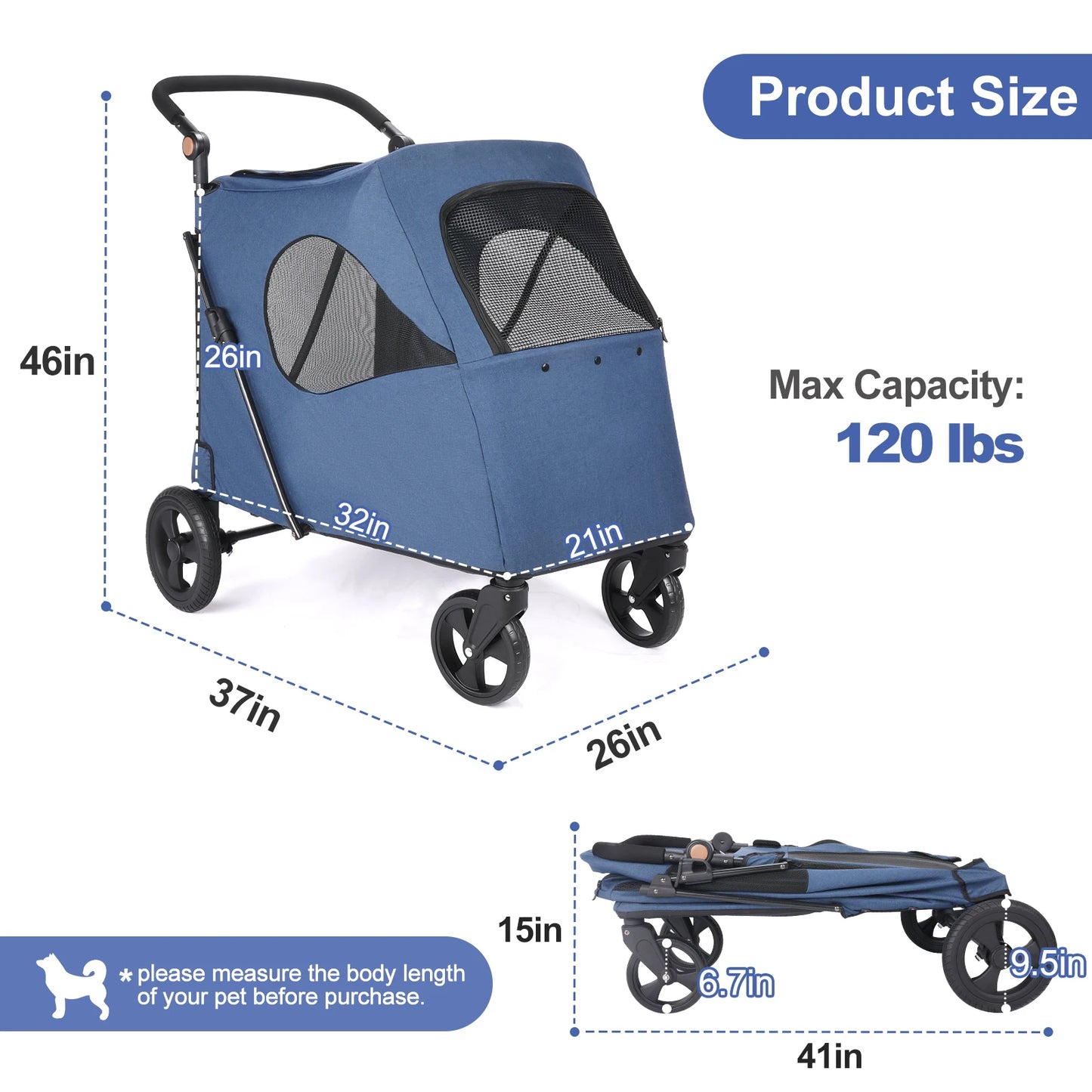Foldable Pet Stroller For Multiple Dogs One Click Folding Cart