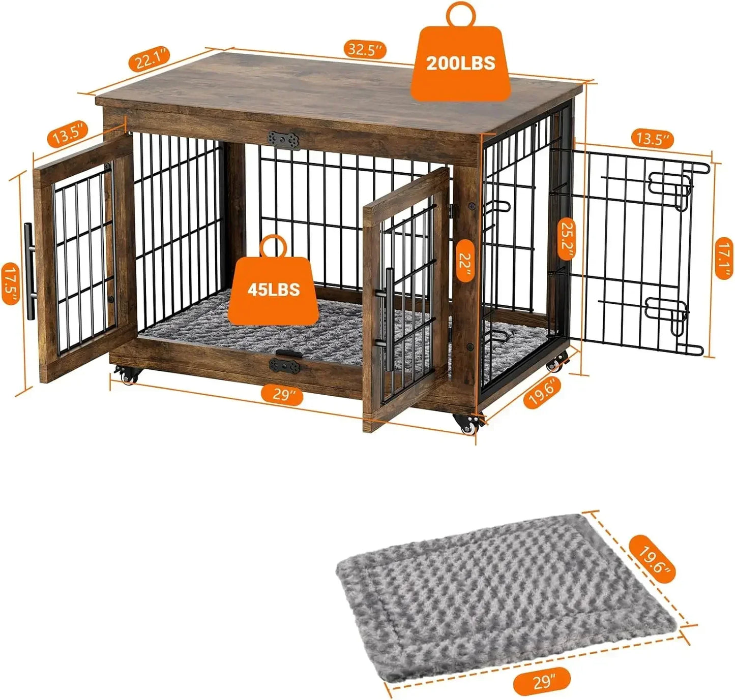 XMSJ Wooden Dog Crate Furniture With Cushion Double Doors Wheels