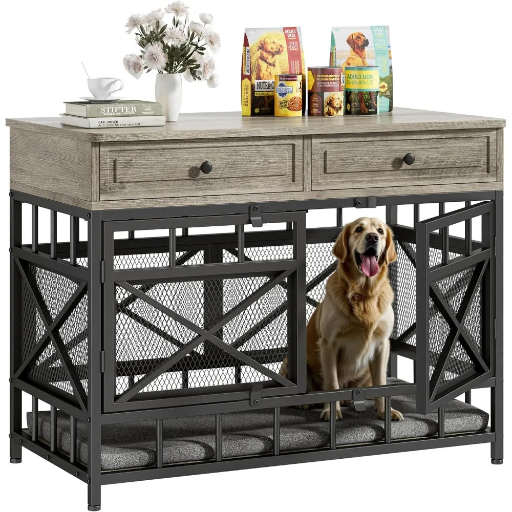 Wooden Dog Crate With Storage Drawers For Home Kennel