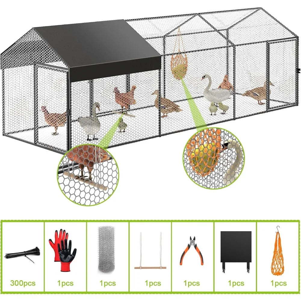 XMSJ Metal Chicken Coop Run With Cover For Outdoor Poultry