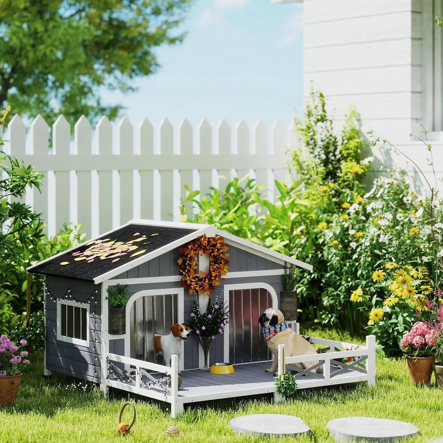 XMSJ Outdoor Wooden Dog House Kennel With Porch Weatherproof