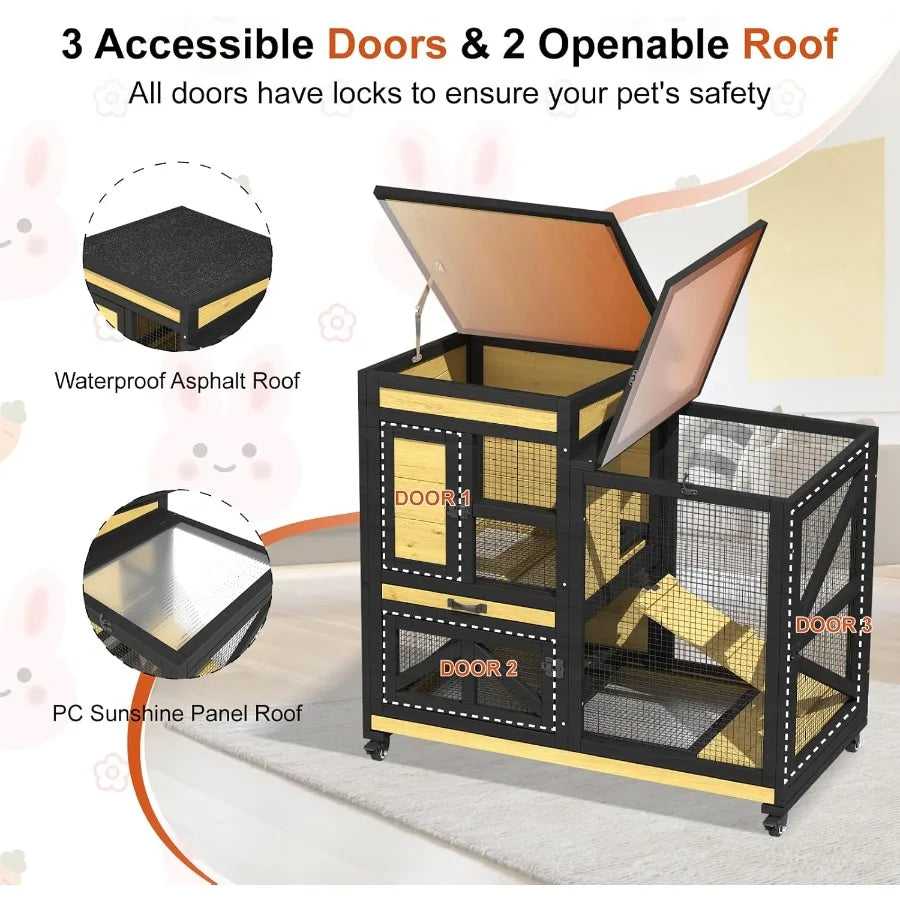 Guangdong Wooden Rabbit Cage Two Story Hutch On Wheels