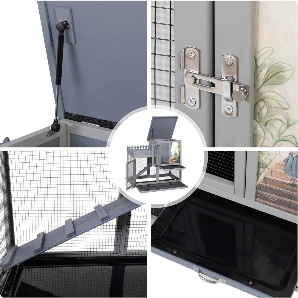 Wood Rabbit Hutch With Balcony On Wheels For Indoor Outdoor Use