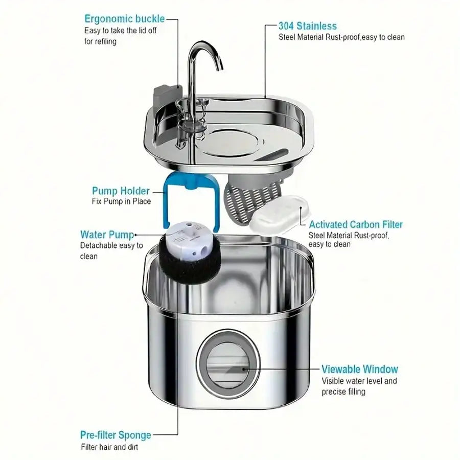 Stainless Steel Quiet Cat and Dog Water Fountain USB Powered