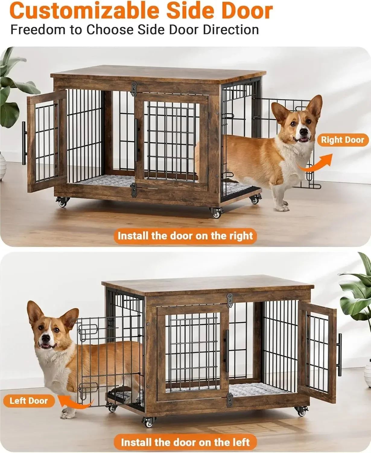 XMSJ Wooden Dog Crate Furniture With Cushion Double Doors Wheels
