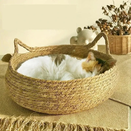 LEWENCN Handwoven Rattan Cat Nest With Removable Washable Pad