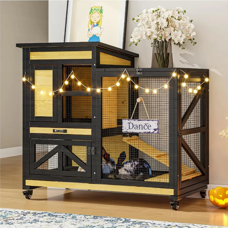 Guangdong Wooden Rabbit Cage Two Story Hutch On Wheels