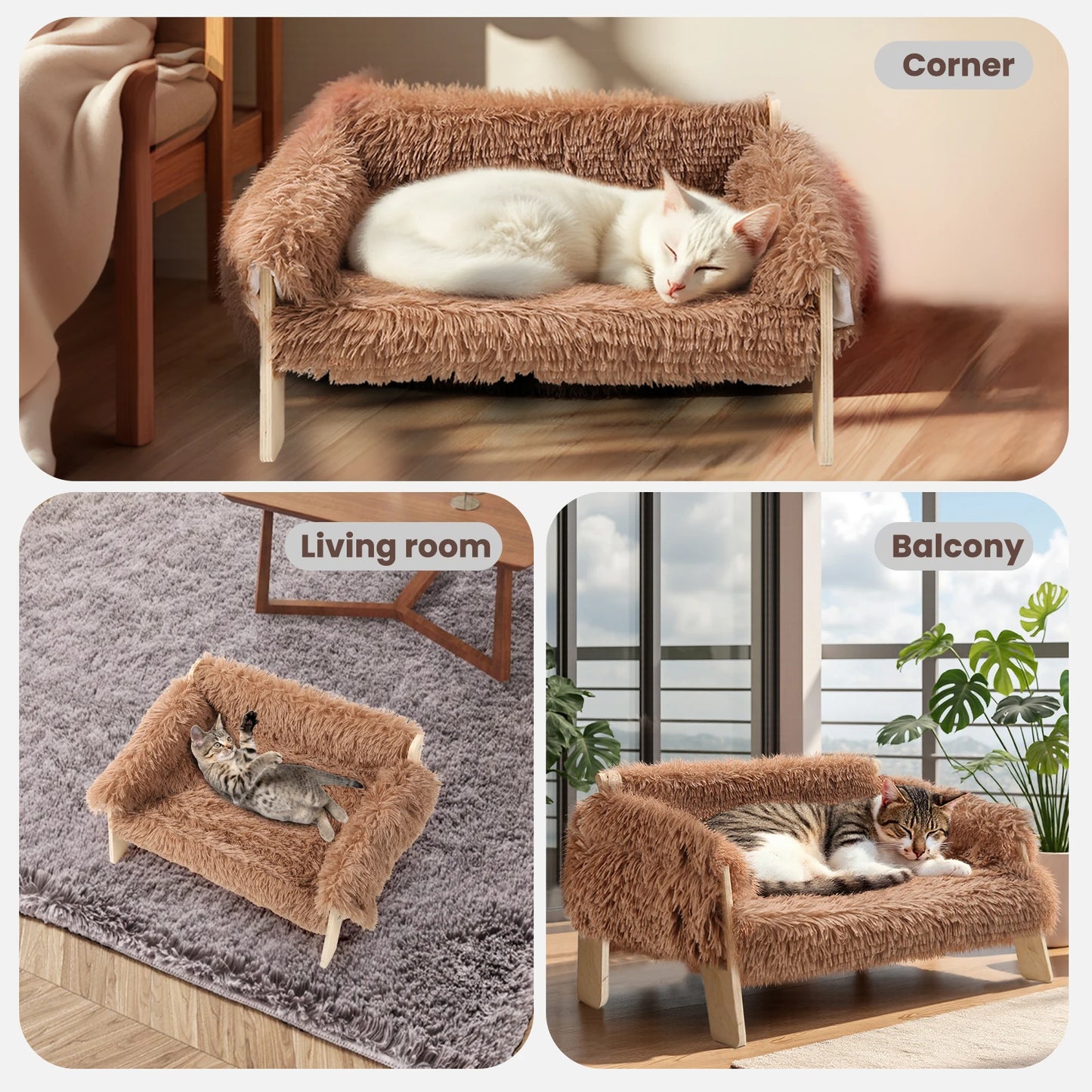 Hunan Cat Bed Raised Wooden Leg Plush Sofa for Cats