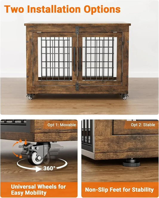 XMSJ Wooden Dog Crate Furniture With Cushion Double Doors Wheels