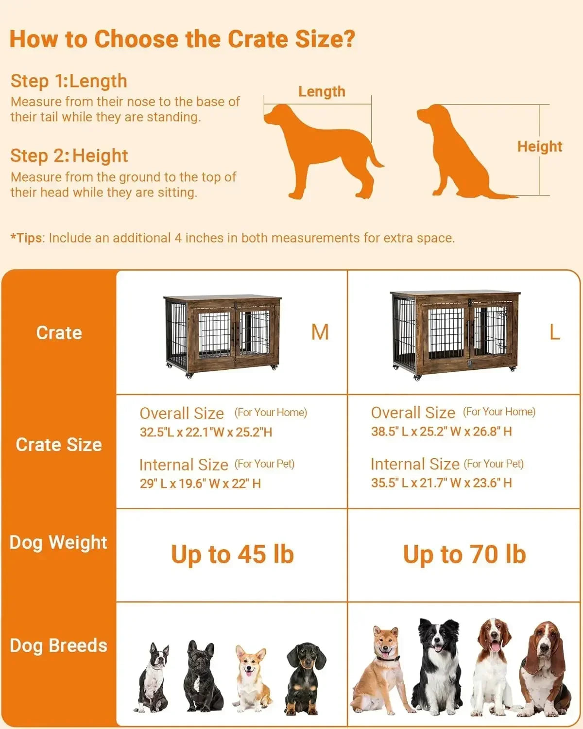 XMSJ Wooden Dog Crate Furniture With Cushion Double Doors Wheels