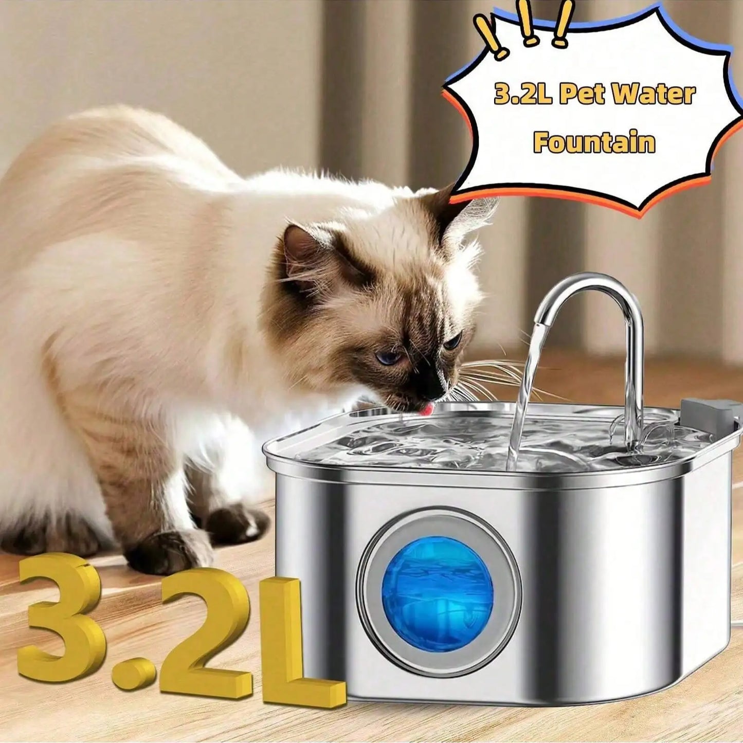 Stainless Steel Quiet Cat and Dog Water Fountain USB Powered