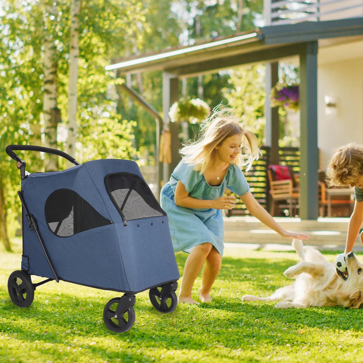Foldable Pet Stroller For Multiple Dogs One Click Folding Cart
