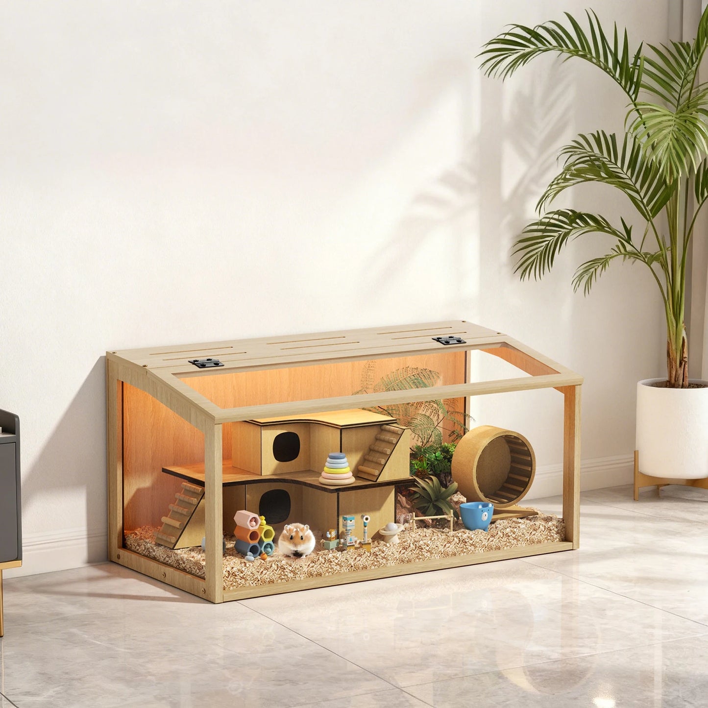 Guangdong Wooden Hamster Guinea Pig Cage With Clear Glass Panels Open Top
