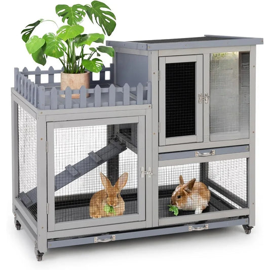 Wood Rabbit Hutch With Balcony On Wheels For Indoor Outdoor Use