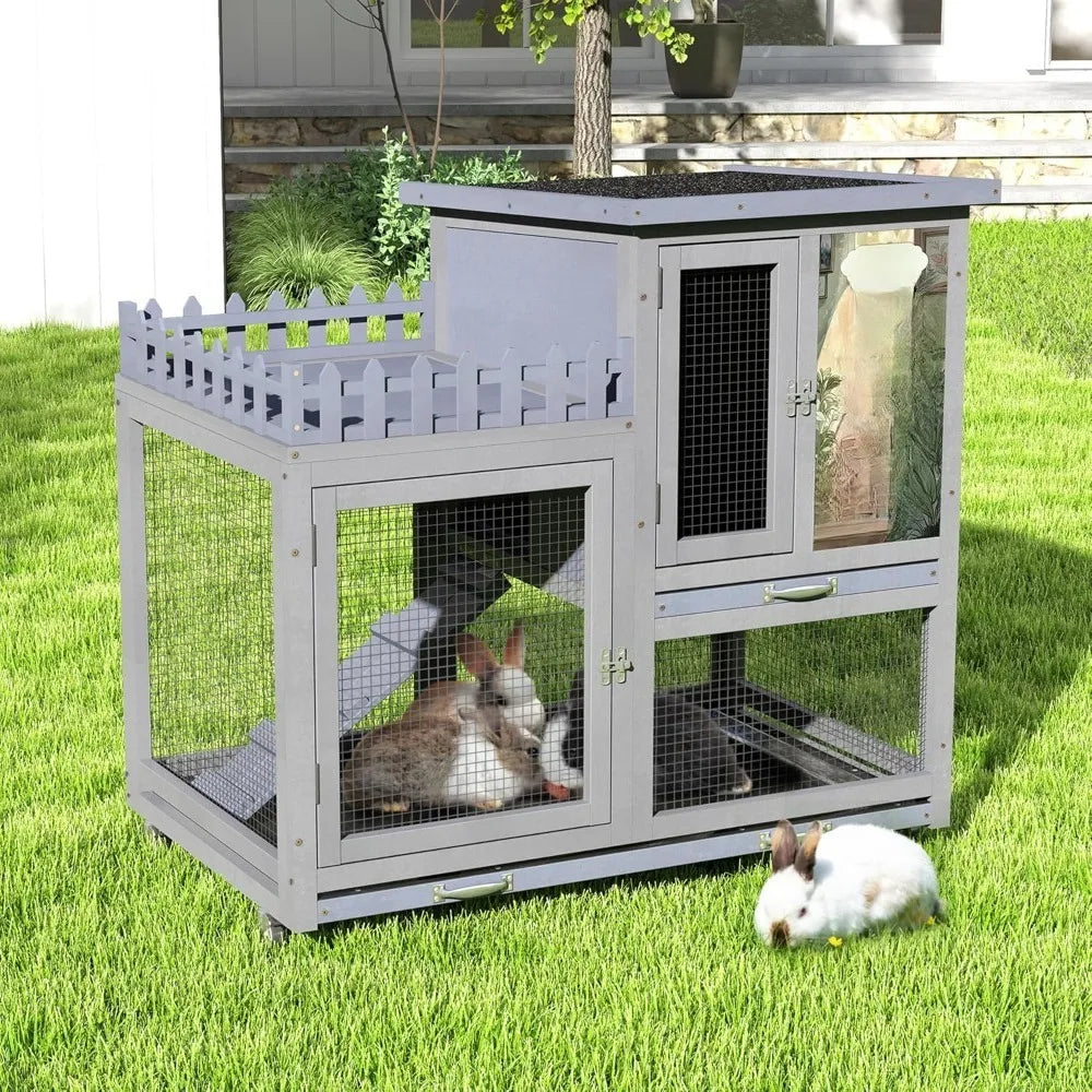 Wood Rabbit Hutch With Balcony On Wheels For Indoor Outdoor Use