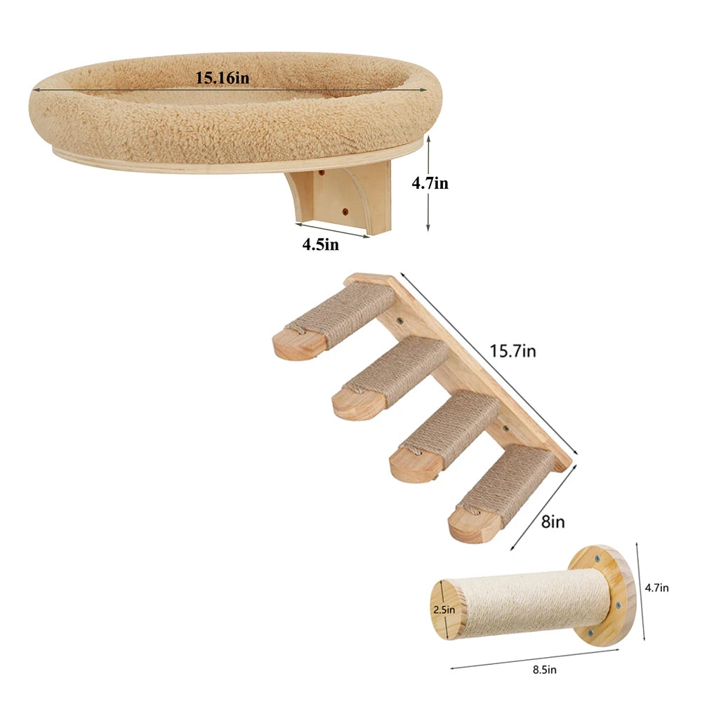 PETRAVELCN Cat Wall Mounted Solid Wood Climbing Ladder With Scratching Post