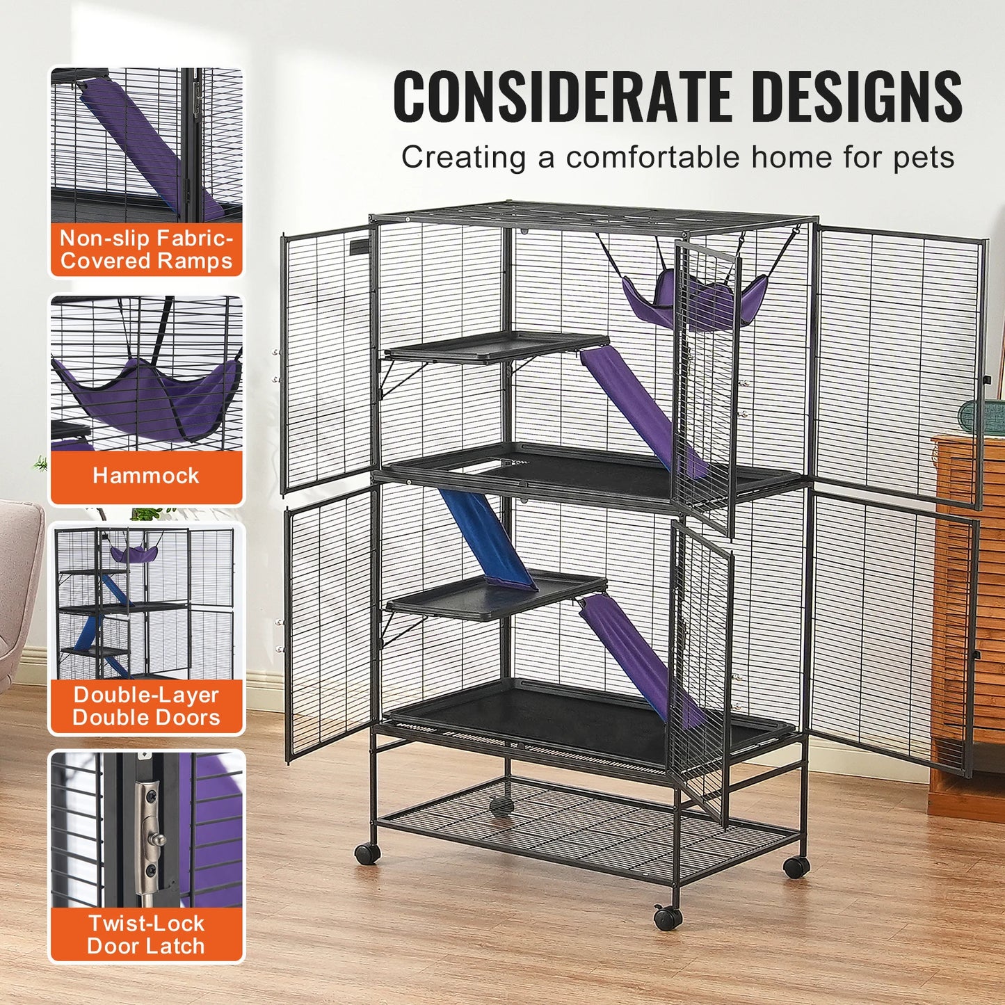 SucceBuy Rolling Metal Ferret Cage 4 Tier Small Animal Cage