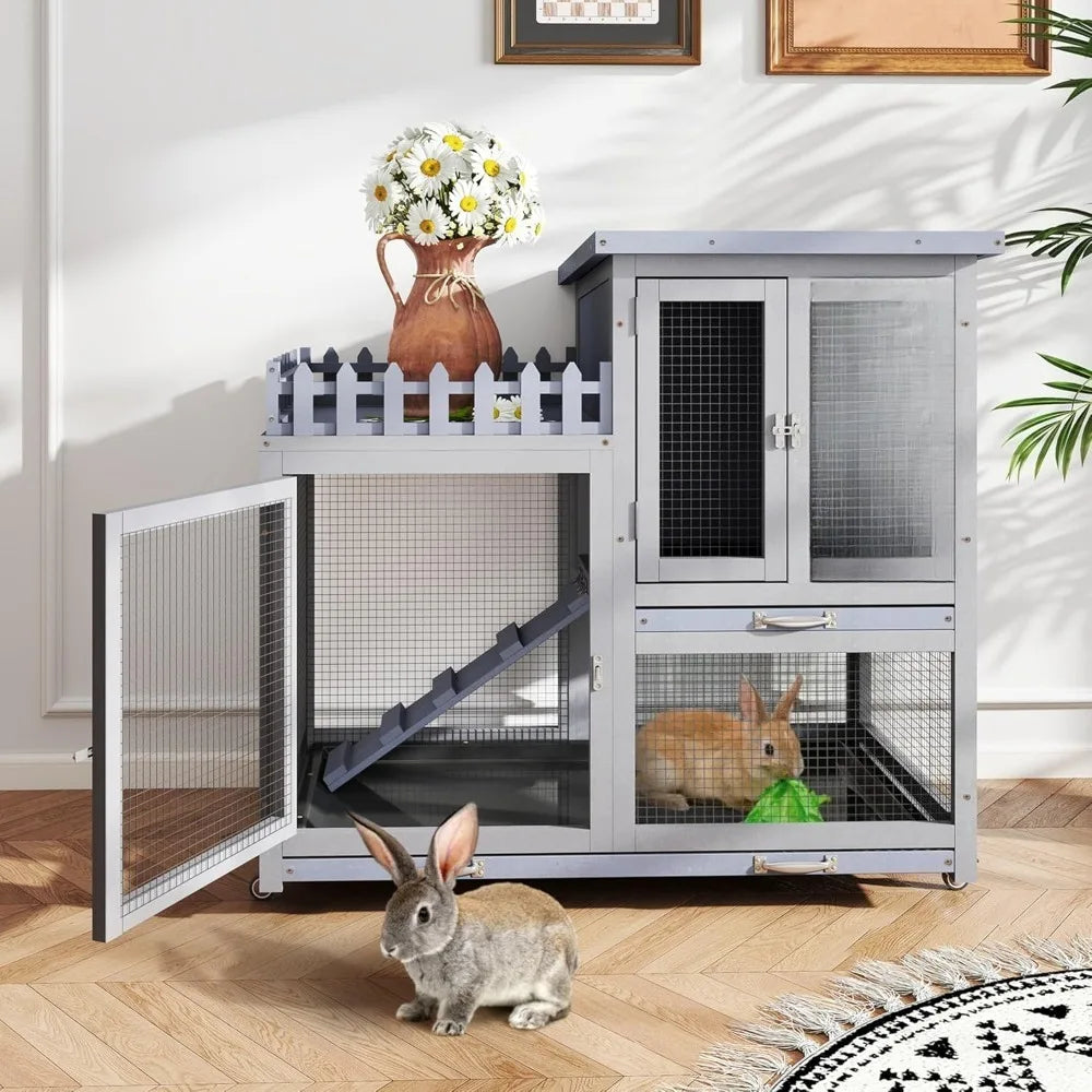 Wood Rabbit Hutch With Balcony On Wheels For Indoor Outdoor Use