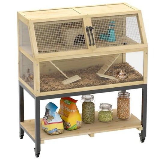 Guangdong Wooden Hamster Cage Two Tier With Storage And Wheels